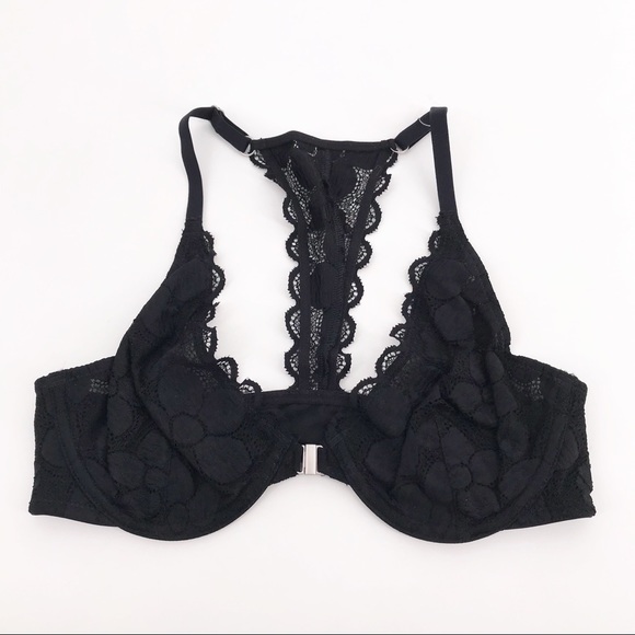 Aerie Happy Black Lace Front Closure Racerback Bra - Picture 2 of 8